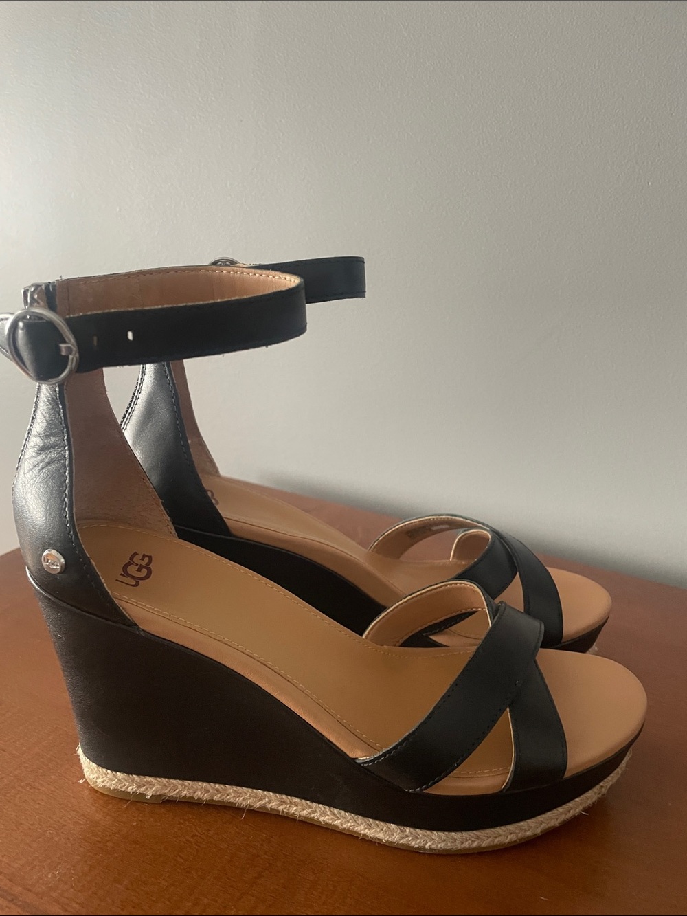 UGG Black Leather Espadrille Wedge Sandal with Ankle Strap